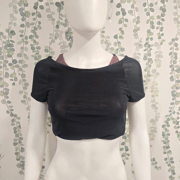 KORAL Mesh Layered Crop Top Small NWT Black Sheer Overlay Open Back - Picture 4 of 10